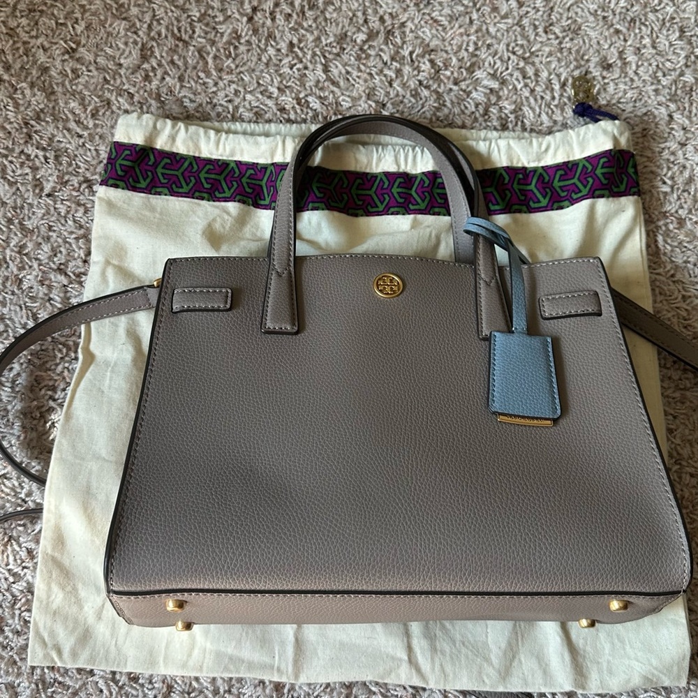Tory Burch Small Walker Satchel in Pebble Gray leather originally $378